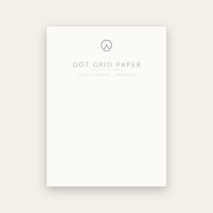 May include: A white digital notebook page featuring a dot grid pattern. At the top, a circular icon with a triangle inside sits above the text DOT GRID PAPER, followed by the smaller text DIGITAL NOTEBOOK - GOODNOTES in a clean, sans-serif font.
