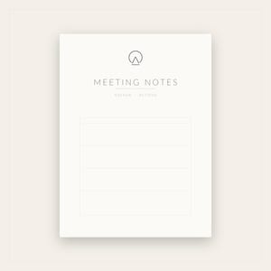 May include: A white meeting notes page featuring a black circular logo with a triangle inside at the top. The text reads MEETING NOTES, followed by AGENDA - ACTIONS. Below, there are four horizontal lines for writing, all set against a plain background.