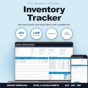 May include: A digital inventory tracker spreadsheet for Excel and Google Sheets displayed on a laptop and smartphone. The interface features stock management tools, low-stock alerts, and a reorder list. Text includes Inventory Tracker, 200 items, and Instant download.