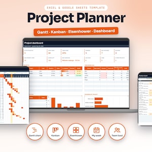 Könnte beinhalten: Eine digitale Projektplaner-Vorlage für Excel und Google Sheets mit Dashboard, Gantt-Diagramm und Kanban-Board. Die Benutzeroberfläche zeigt Datentabellen, Fortschrittsbalken und Diagramme in Orange und Weiß. Enthält Symbole für Gantt, Kanban, Eisenhower, My week und Team load.