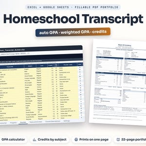 Homeschool Transcript Template, High School Transcript, GPA Calculator, Homeschool Portfolio, Excel Google Sheets