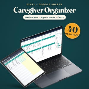 Foglio di calcolo per l'organizzazione dell'assistenza, per il monitoraggio dei farmaci e per la pianificazione dell'assistenza ai genitori anziani, compatibile con Google Sheets e Excel.