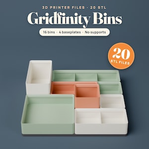 Gridfinity Bins STL Pack with 4 Baseplates, 20 3D Printer Files, Stackable Drawer Organizer