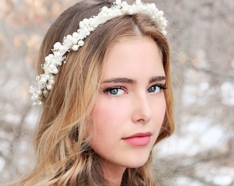 Pearl Wedding Hair Crown, Baby's Breath Bridal Headpiece