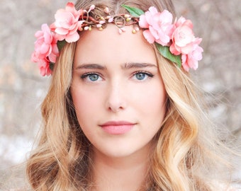 peachy floral hair crown, woodland flower crown, bridal head wreath, woodland headpiece, boho wedding