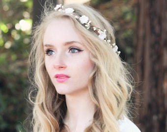 Bridal flower crown, ivory vintage milinery flower head piece, wedding wreath, ivory headpiece, rustic woodland hair band -Forget me not