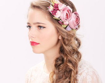 bridal flower hair crown, woodland wedding, pink flower, milinery flowerwedding hair accessories