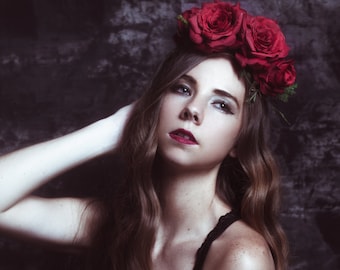 Red rose flower crown statement headpiece rose headband floral crown