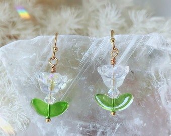 Blooming Tulip dangle earrings, Tulip flower design, Swarovski crystal, Czech glass flower, blooming floral, Dainty Tulip earrings