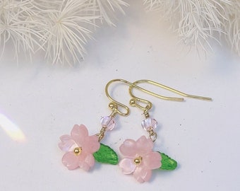 Dainty Cherry blossom flower adorn with pink Swarovski bicone drop simple drop earrings