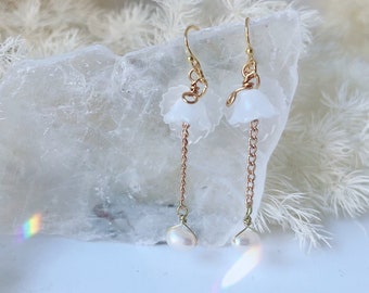 Frosted white leaves with white Czech glass flower and pearls drop earrings