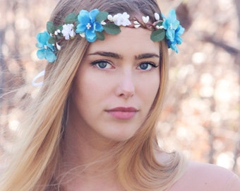 Turquoise Easter cherry blossom crown,  flower headpiece, bridal flower crown, fairy tale wreaths, boho wedding crown, floral wedding crowns