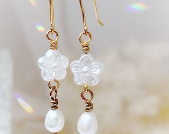 white Cherry blossom and fresh water pearls drop earrings