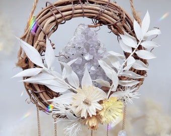 Mini dries yellow flower wreath with amethyst with epidotes spots crystal floral grapevine wreath hanging flower decor