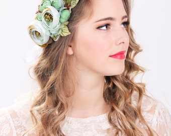 bridal flower hair crown, woodland wedding, sea foam flower, milinery flower