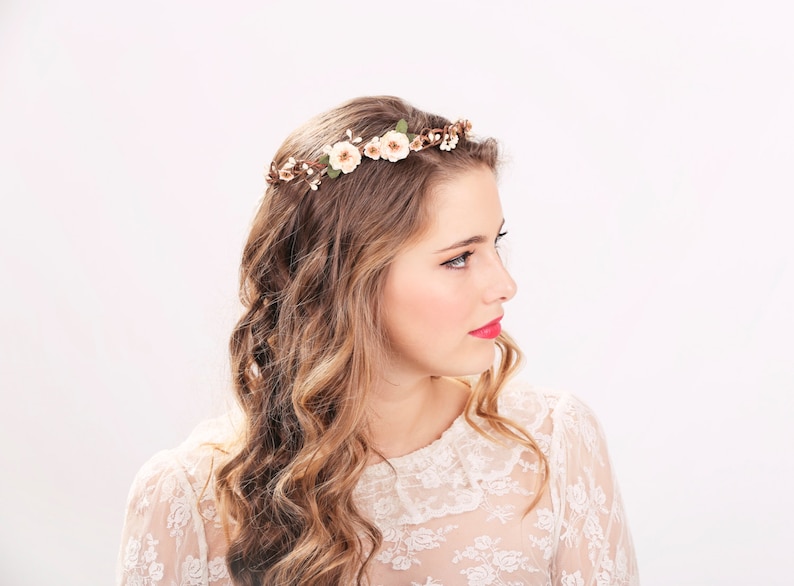peach blossom flower crown, bridesmaid headpiece, floral head piece image 3