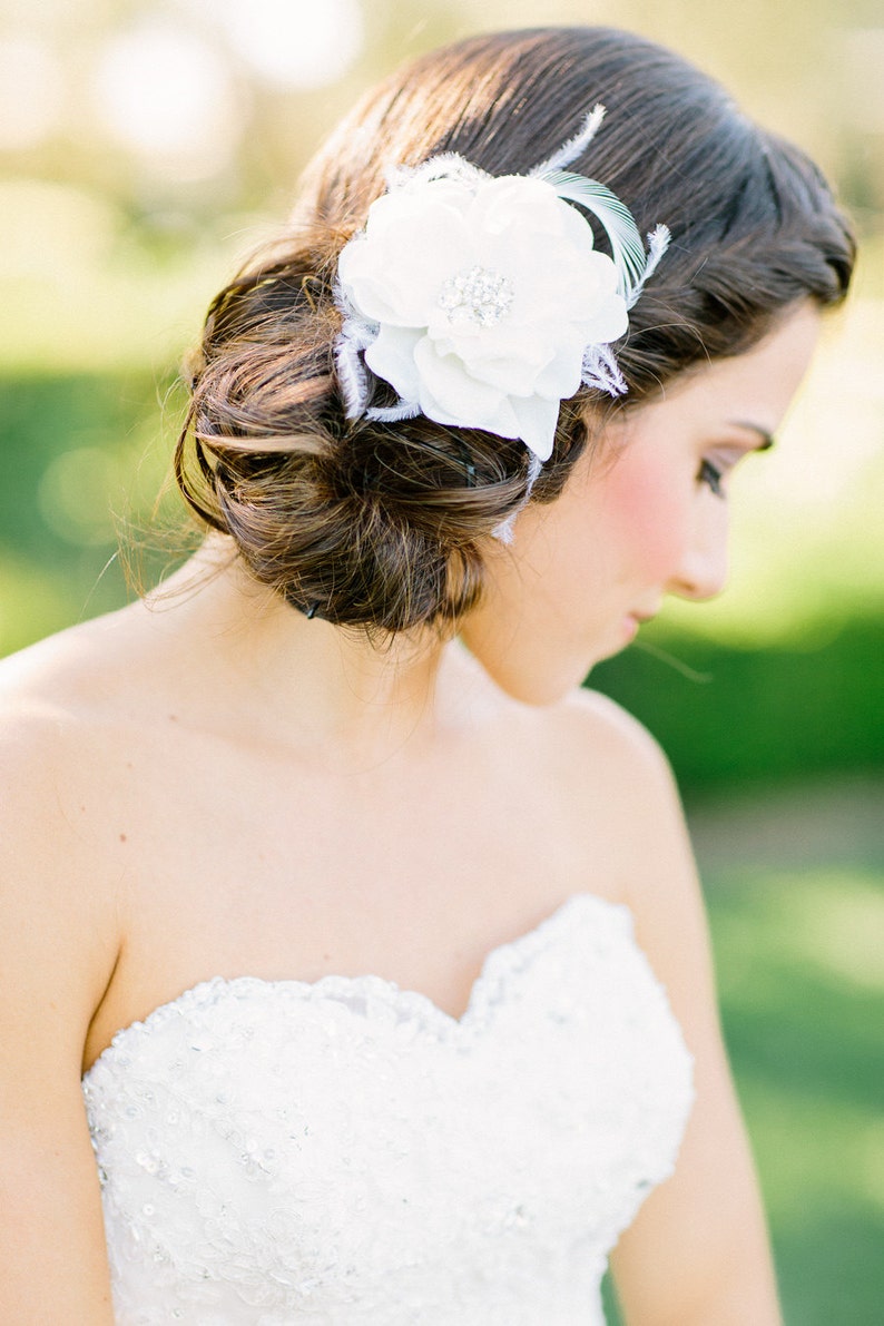 white wedding hair accessories, white bridal fascinator, wedding headpiece, white silk flower image 2