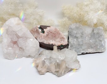 Clear Apophyllite crystal cluster with blue chalcedony druzy