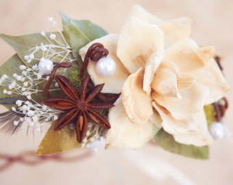 bridal crown, bridal head piece, wedding head piece,  natuaral hair crown, natural pine cone rose floral hair crown - autumn eve