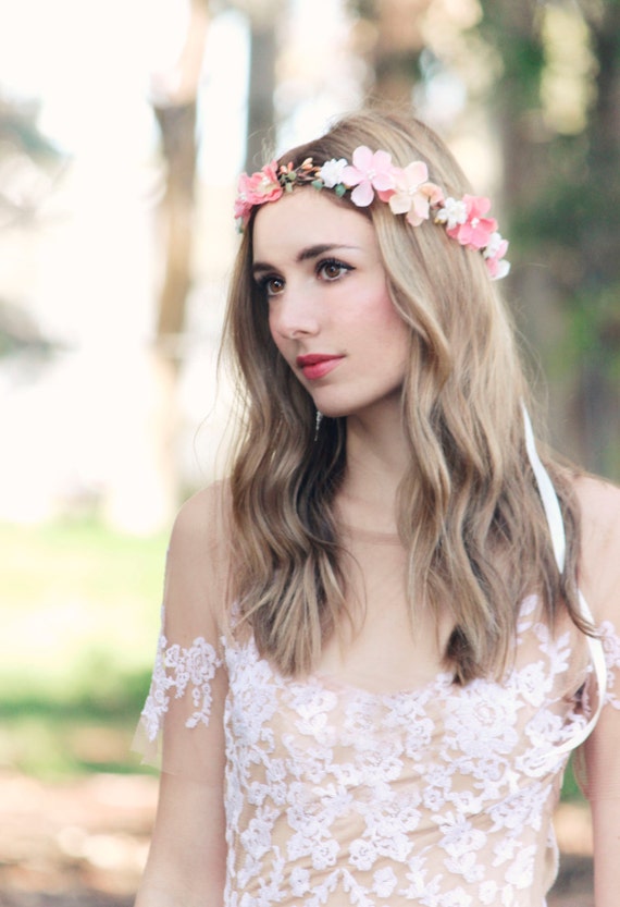 Short Hair Bridesmaid Floral Crown Peach Pink Easter Flower Crown