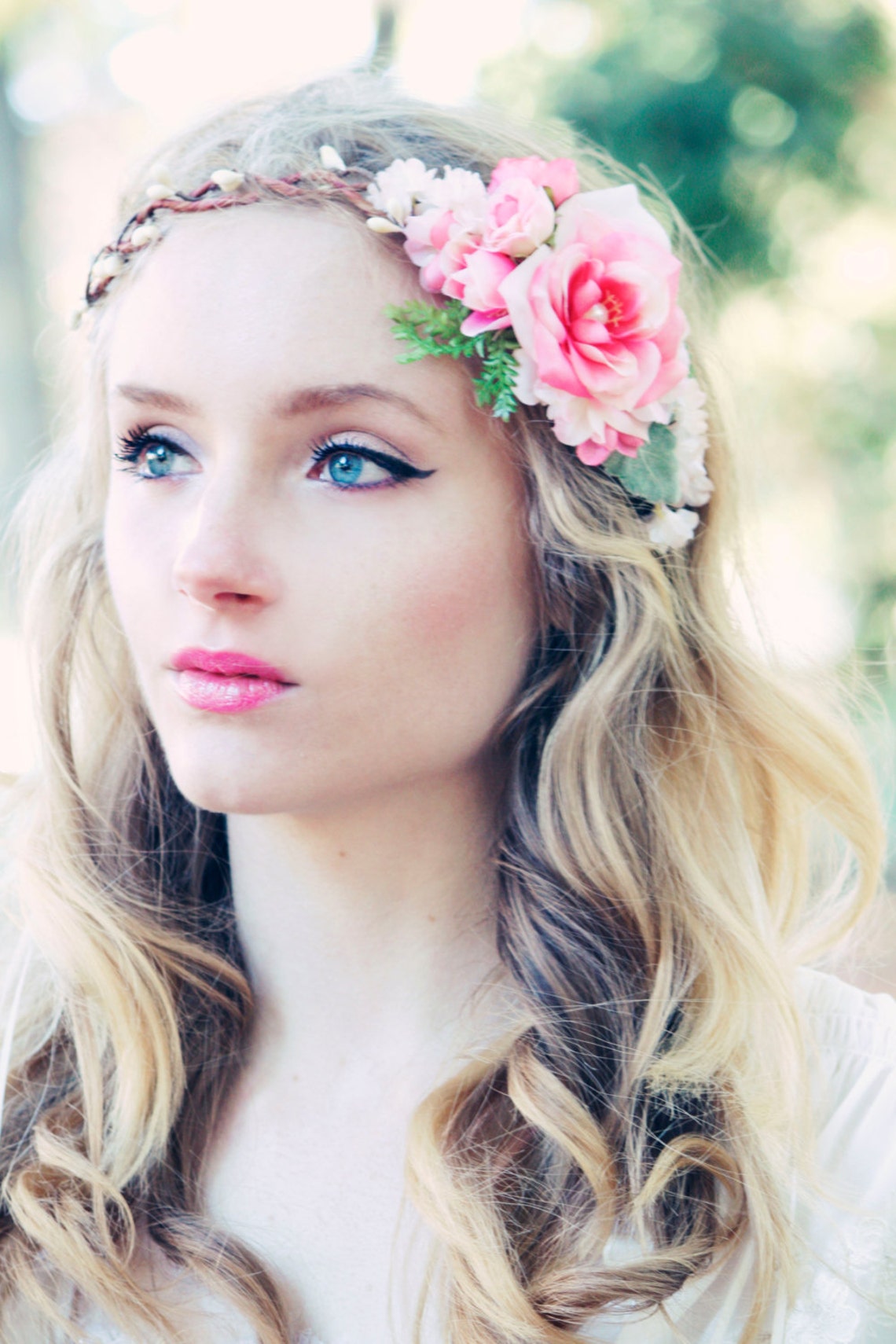 Pink Rose Floral Crown Bridal Flower Hair Crown Woodland Etsy