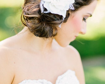 white wedding hair accessories, white bridal fascinator, wedding headpiece, white silk flower