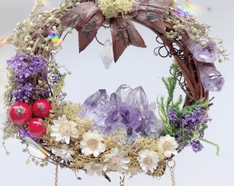 Mini dries flower wreath with amethyst crystal floral grapevine wreath with pinecone flower hanging flower decor