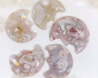 Choose your own - Flower Agate moonfaced Meditation Calming Stone Flower Agate Crystal luna Carving