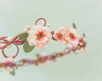 perzik bloesem bloem kroon, bruidsmeisje zendspoel, floral hoofd stuk