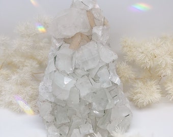 Icy clear white Apophyllite with green chloride etching and peach stilbite crystal cluster druzy Gem and mineral house warming gifts