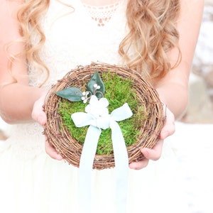 Rustic Wedding Ring Pillow, Moss Nest with Blue Ribbon image 1