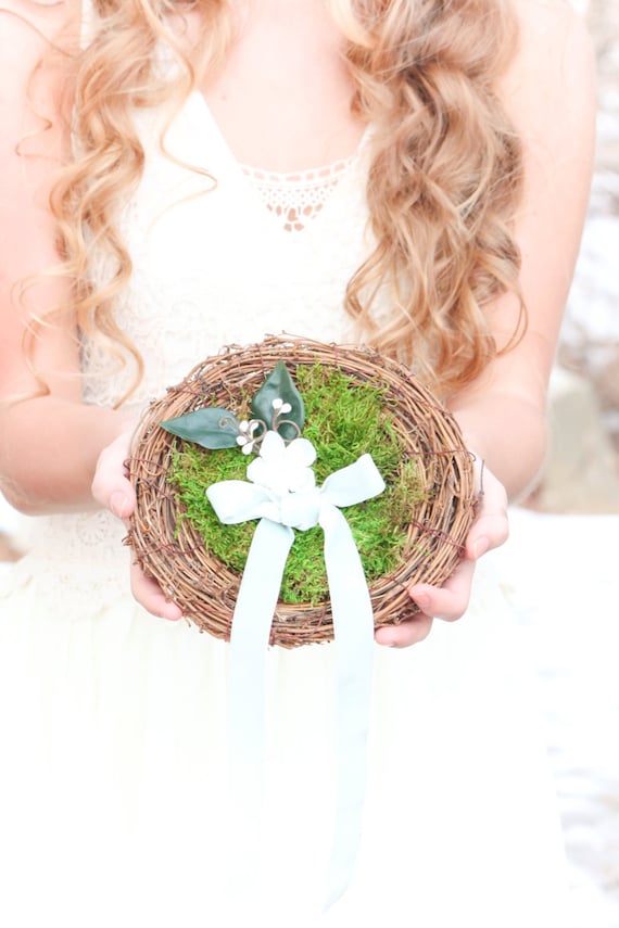 Rustic Wedding Ring Pillow, Moss Nest with Blue Ribbon