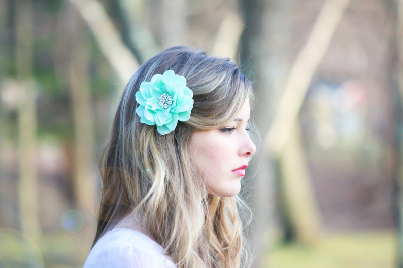 seafoam flower hair clip, mint green hair clip, something blue wedding, bridesmaid hair clip image 1