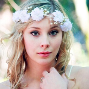 white flower crown, ivory pearls headband