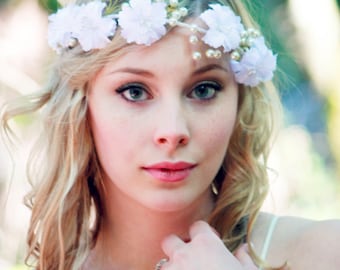 white flower crown, ivory pearls headband