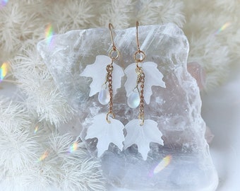 Winter Frosted white maple leaves with frosted white ab dew drop earrings