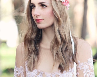 peachy pink flower crown bridal headpiece bohemian wedding floral head wreath rustic hair accessory