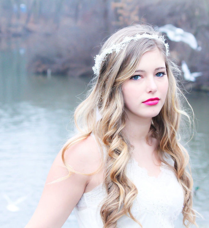 bandeau nuptial, accessoires de mariage, couronne de cheveux ivoire, morceau de cheveux de mariage blanc, diadème boisé, morceau de tête de mariée image 1