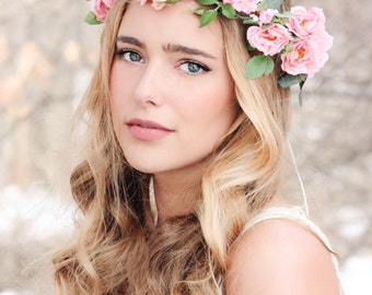 Easter Flower crown, Mini pink rose wreath, bridal hair, woodland wedding theme, rustic headpiece for Style photo shoot