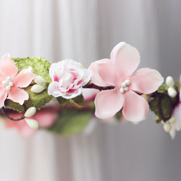 Summer flower crown, peach plume mauve floral wreath, flower hair crown, bridesmaid headpiece, flower girl headband, garden wedding woodland