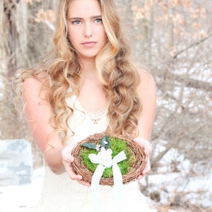 Rustic Wedding Ring Pillow, Moss Nest with Blue Ribbon image 3