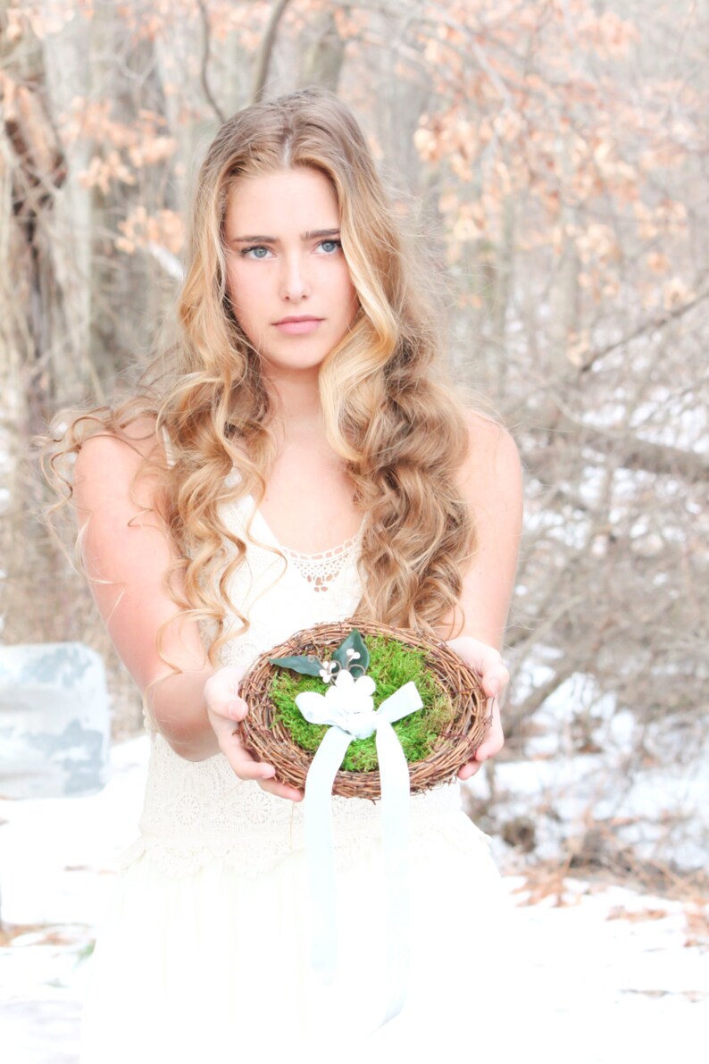 Rustic Wedding Ring Pillow, Moss Nest with Blue Ribbon image 3