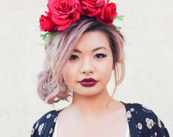 Red rose flower crown statement headpiece rose headband floral crown