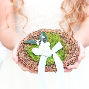 Rustic Wedding Ring Pillow, Moss Nest with Blue Ribbon image 2