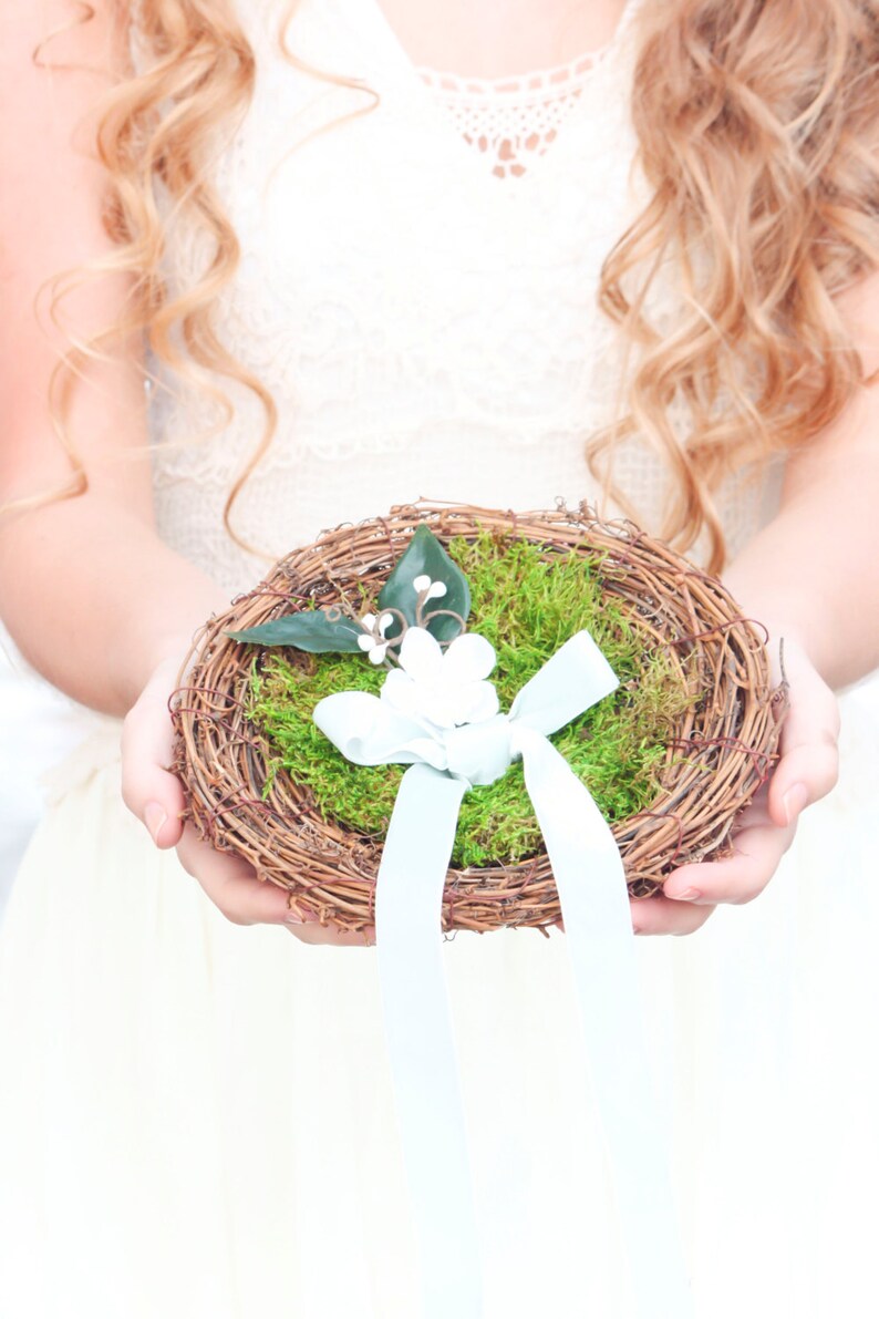 Rustic Wedding Ring Pillow, Moss Nest with Blue Ribbon image 2