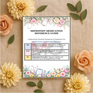 May include: A midwifery medication reference guide with a floral border. The guide details medication administration, including exemptions, patient group direction, and independent prescribing, with a decorative floral design.