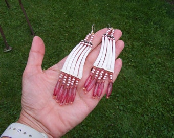 Traditional style dentalium earrings, pink corn maiden Czech Republic glass beads, rose gold, tusk shell sea shell