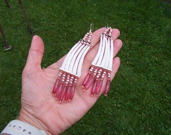 Dentalium Shell Earrings, Pink Corn Beads, Czech Glass, Traditional Style