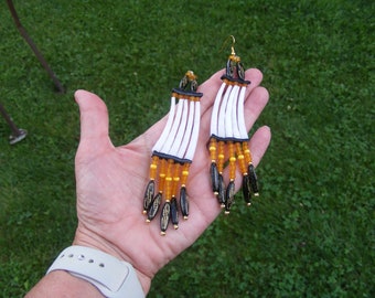 Dentalium Shell Earrings, Corn Maiden Czech Glass Beads, Traditional Style