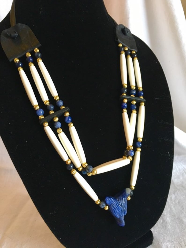 sodalite stone gold plated beads blue denim wolf head pendant or necklace 2 row bone hair pipe